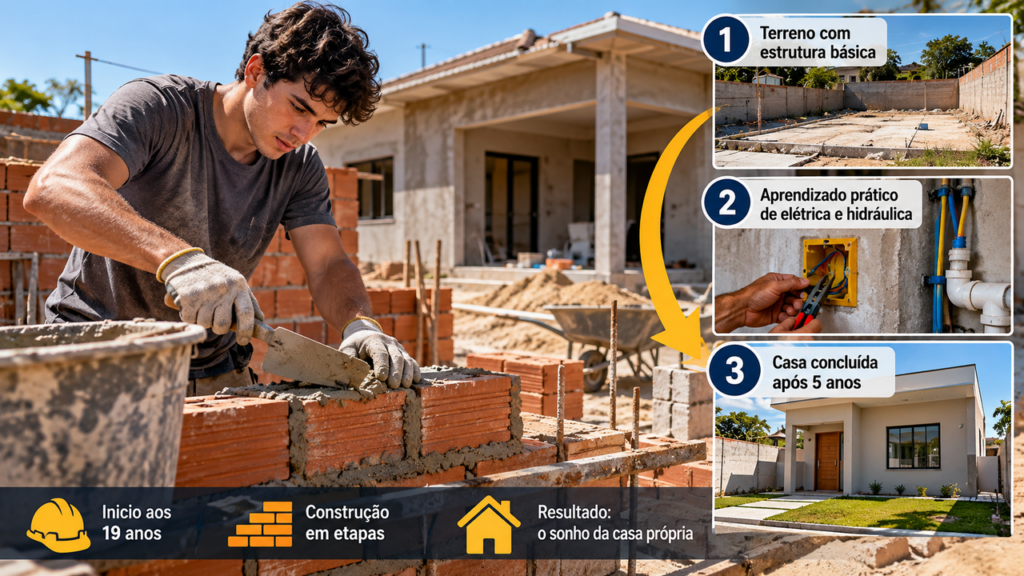 Começou aos 19 anos com um terreno e, sem dinheiro para pagar uma equipe, aprendeu na prática e construiu a própria casa do zero durante cinco anos