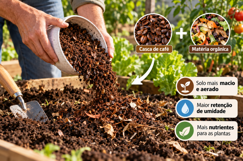 Os agricultores revelam: misturar casca de café com matéria orgânica pode deixar o solo mais macio, protegido e preparado para o cultivo