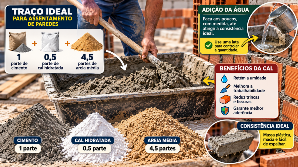 Antes de preparar a massa para levantar a parede, Pedreiro ensina a proporção de cimento, cal e areia que pode fazer diferença no rendimento e no custo da construção
