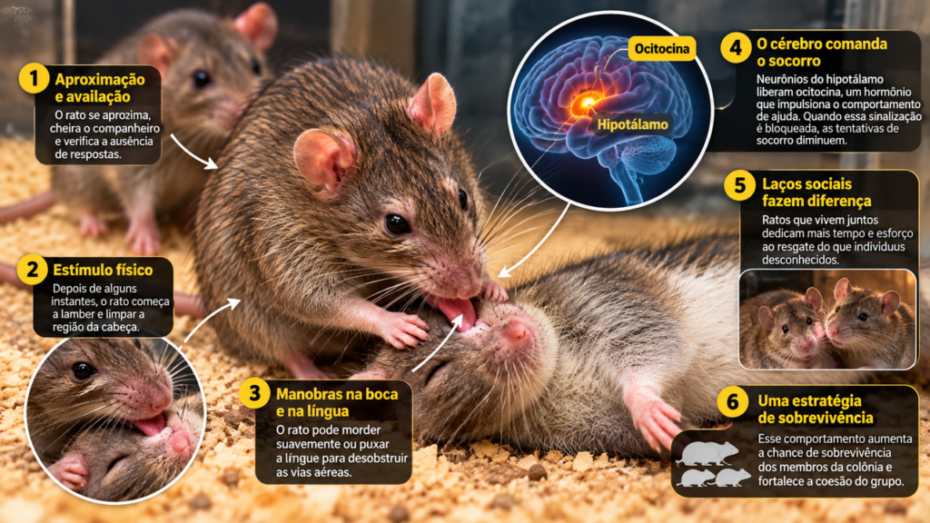 Quando um rato fica inconsciente, os companheiros não simplesmente vão embora: eles tentam reanimá-lo e podem até puxar sua língua
