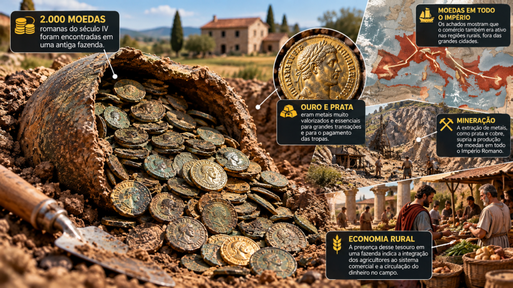 Arqueólogos encontram 2.000 moedas romanas do século IV em uma antiga fazenda e revelam uma prática de comércio que já valorizava metais raros