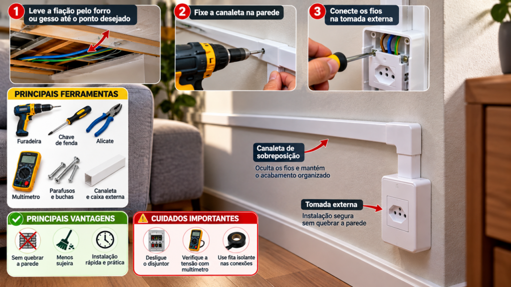 Eletricistas mostram como instalar uma nova tomada sem quebrar a parede, reduzir a sujeira e transformar qualquer cômodo com uma solução simples