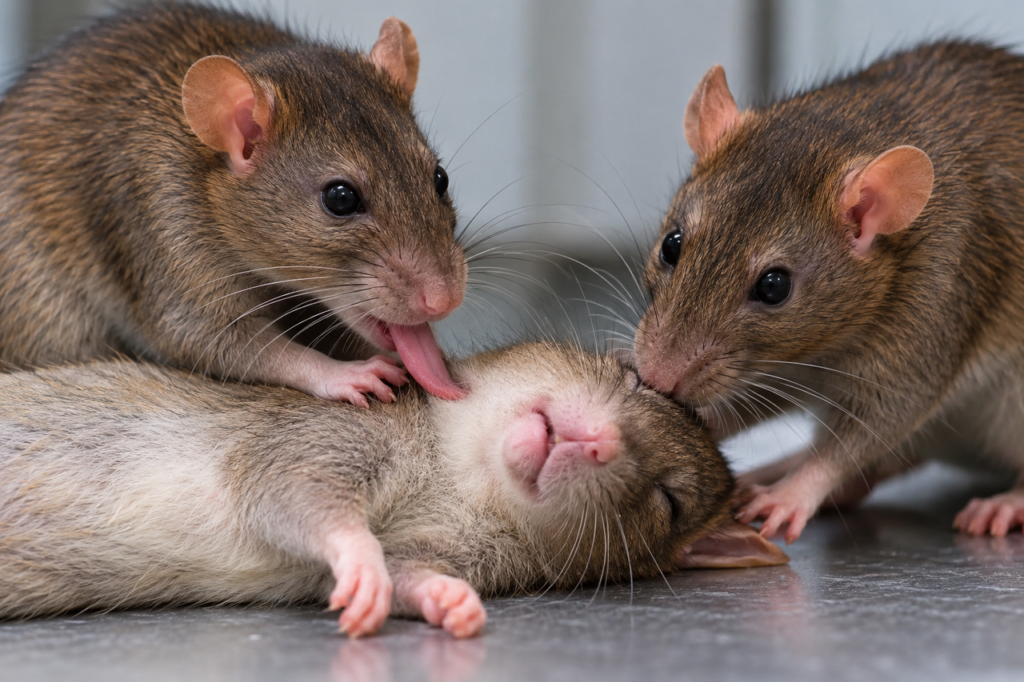 Quando um rato fica inconsciente, os companheiros não simplesmente vão embora: eles tentam reanimá-lo e podem até puxar sua línguaA proximidade e a convivência prévia fortalecem as ações altruístas e o cuidado comunitário entre os roedores. - Imagem ilustrativa criada por inteligência artificial.
