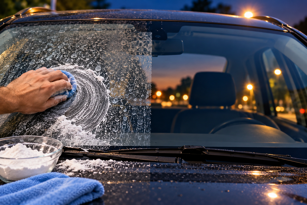 Bicarbonato de sódio no vidro do carro durante a noite: o truque que pode ajudar a remover manchas e deixar o para-brisa mais limpo pela manhã