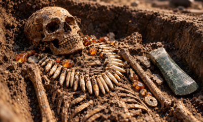 Arqueólogos encontram sepultamento de 2.900 a.C. com colar feito de 42 dentes de animais e um raro machado de pedra polida