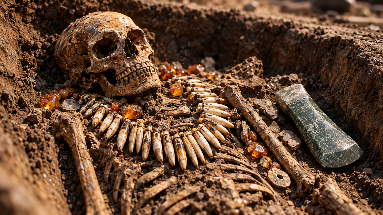Arqueólogos encontram sepultamento de 2.900 a.C. com colar feito de 42 dentes de animais e um raro machado de pedra polida