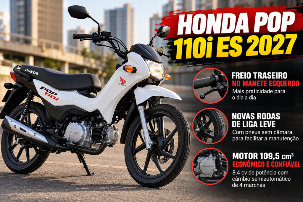 Honda Pop 110i ES 2027 chega com visual totalmente renovado, rodas de liga leve e uma mudança no freio traseiro que pode transformar a experiência de quem usa a moto todos os dias