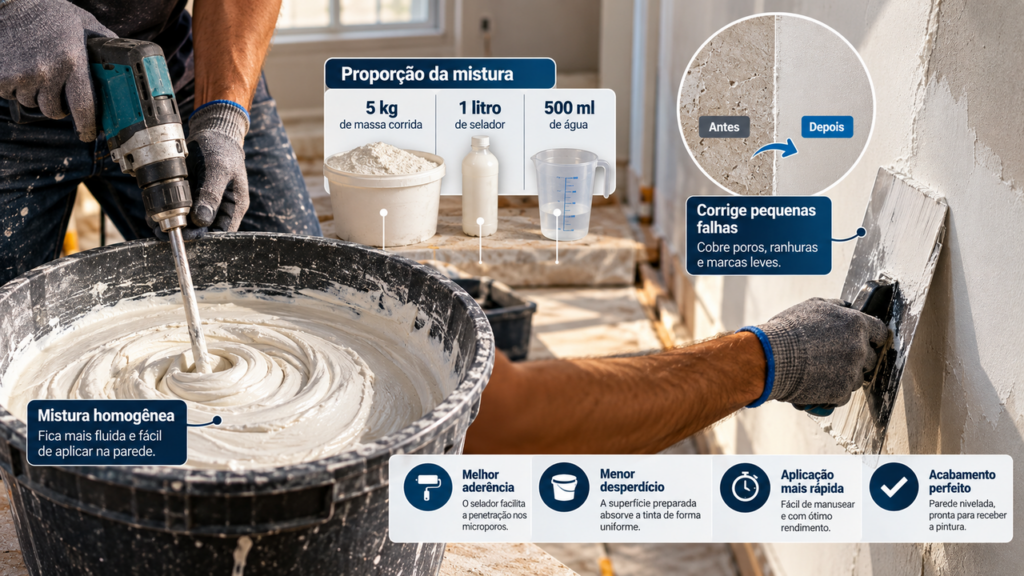 Pintores ensinam mistura com 5 kg de massa corrida, 1 litro de selador e 500 ml de água para preparar paredes com pequenas imperfeições