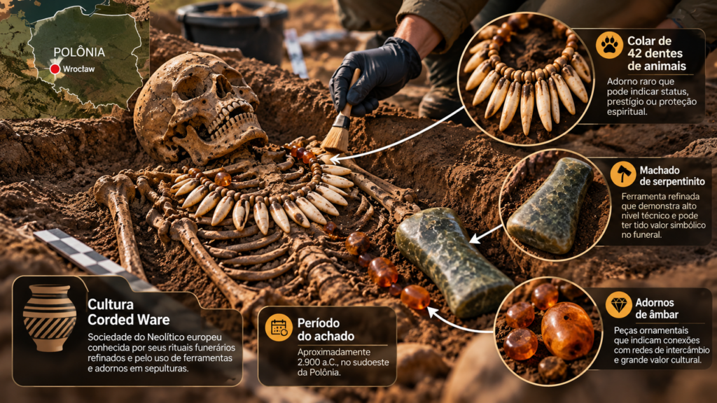 Arqueólogos encontram sepultamento de 2.900 a.C. com colar feito de 42 dentes de animais e um raro machado de pedra polida