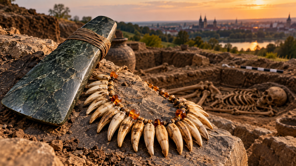 Arqueólogos encontram sepultamento de 2.900 a.C. com colar feito de 42 dentes de animais e um raro machado de pedra polida