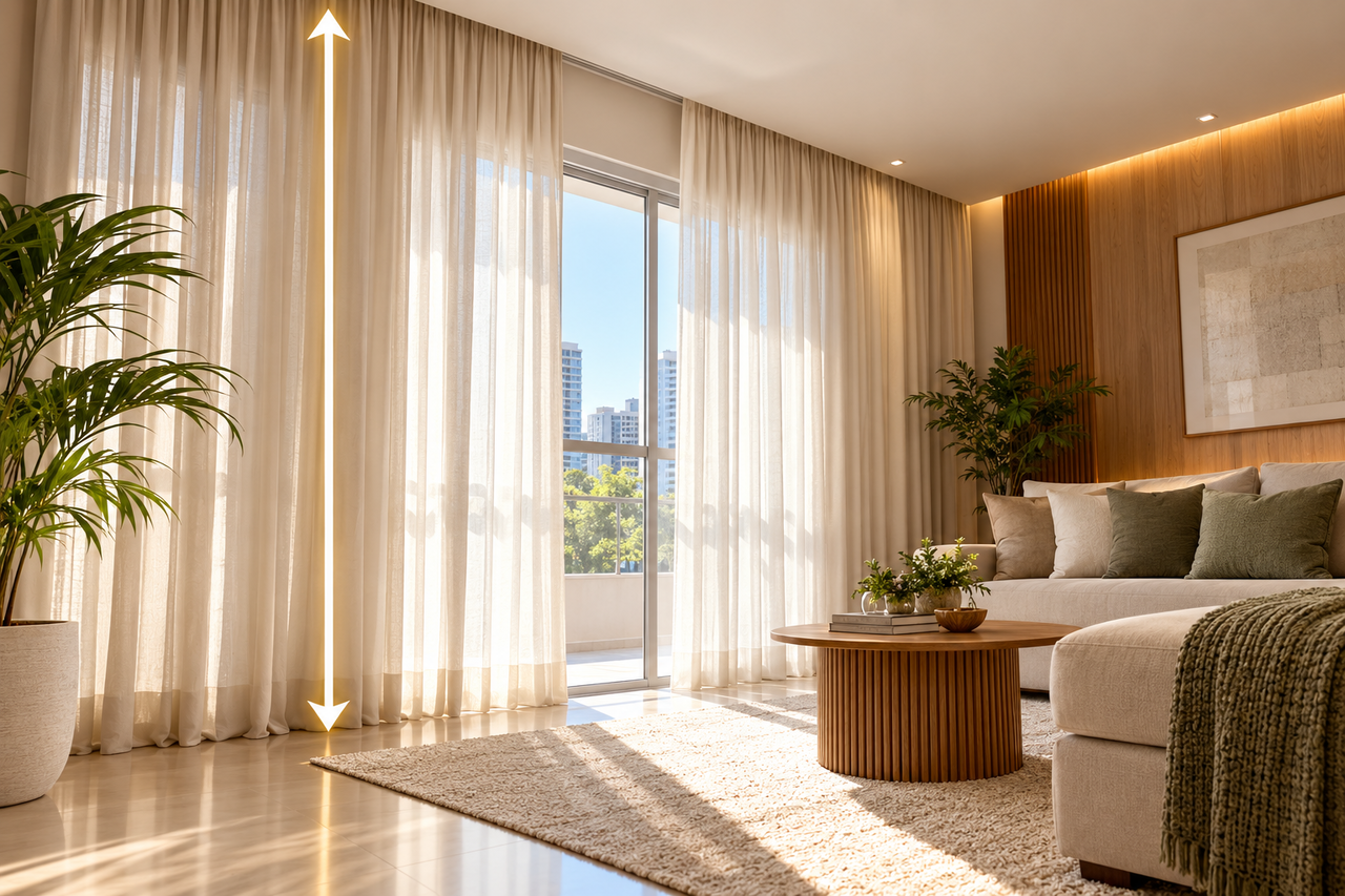 Cortinas do teto ao chão em tom neutro: o truque visual que pode alongar as janelas, ampliar o ambiente e deixar o cômodo mais elegante