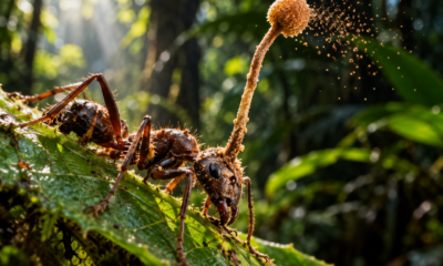 O fungo que transforma formigas em “zumbis”: parasita invade o corpo, controla seus movimentos e as leva para o local perfeito antes da morteEsporos microscópicos do fungo Ophiocordyceps penetram o exoesqueleto de uma formiga no ecossistema tropical. - Imagem ilustrativa criada por inteligência artificial.
