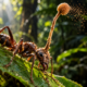 O fungo que transforma formigas em “zumbis”: parasita invade o corpo, controla seus movimentos e as leva para o local perfeito antes da morteEsporos microscópicos do fungo Ophiocordyceps penetram o exoesqueleto de uma formiga no ecossistema tropical. - Imagem ilustrativa criada por inteligência artificial.