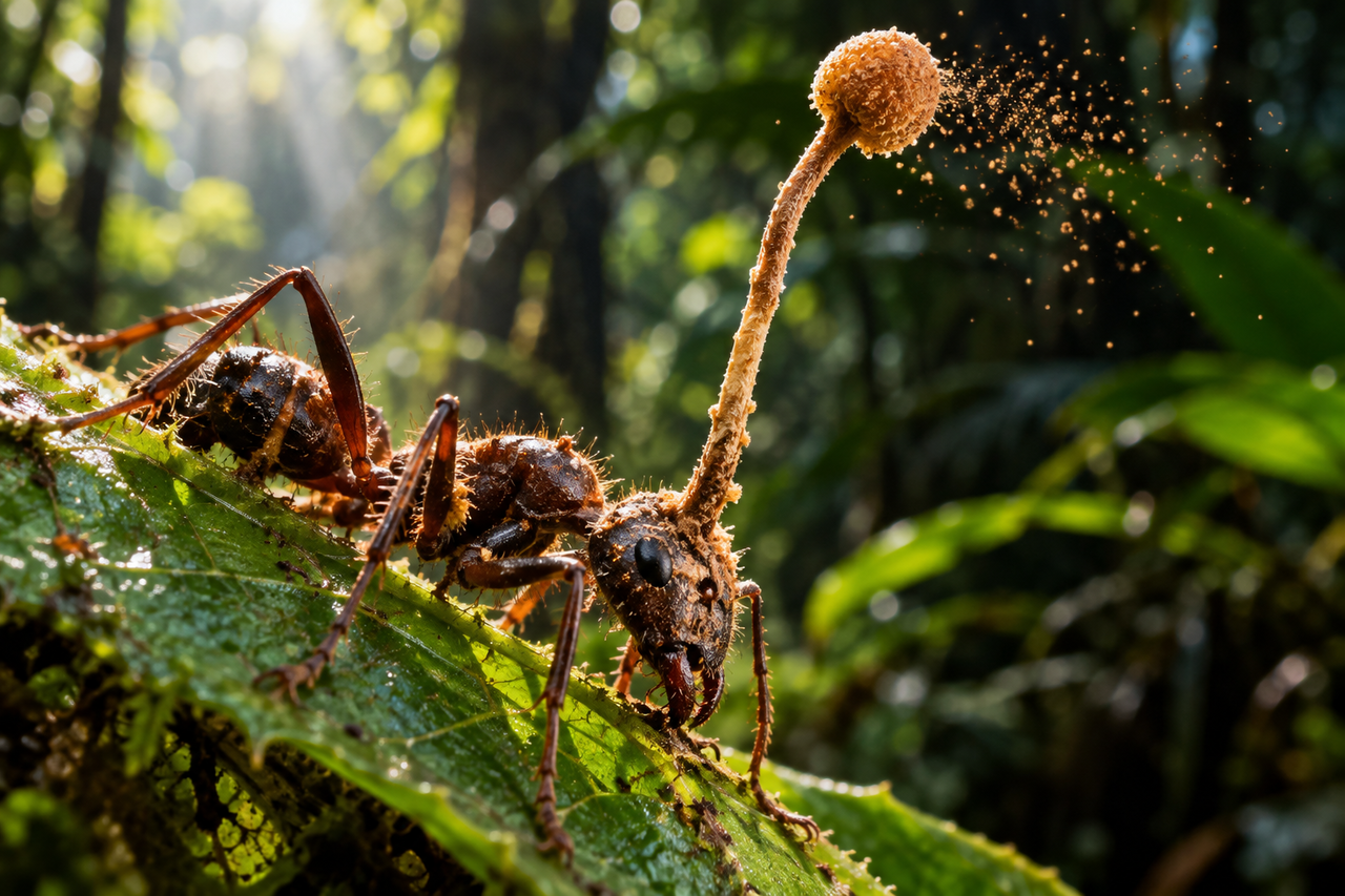 O fungo que transforma formigas em “zumbis”: parasita invade o corpo, controla seus movimentos e as leva para o local perfeito antes da morteEsporos microscópicos do fungo Ophiocordyceps penetram o exoesqueleto de uma formiga no ecossistema tropical. - Imagem ilustrativa criada por inteligência artificial.