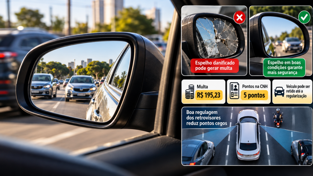 Retrovisor quebrado pode sair caro para o motorista, detalhe ignorado por muitos motoristas pode provocar multa de R$ 195,23 e cinco pontos na carteira
