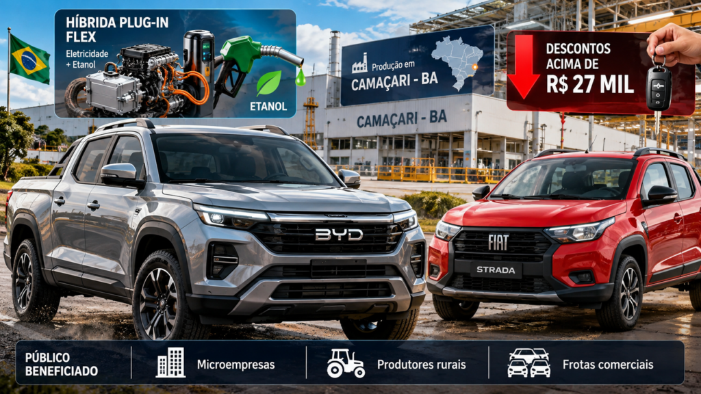 BYD prepara picape para desafiar a Fiat Strada no Brasil e reação da rival já envolve descontos que passam dos R$ 27 mil