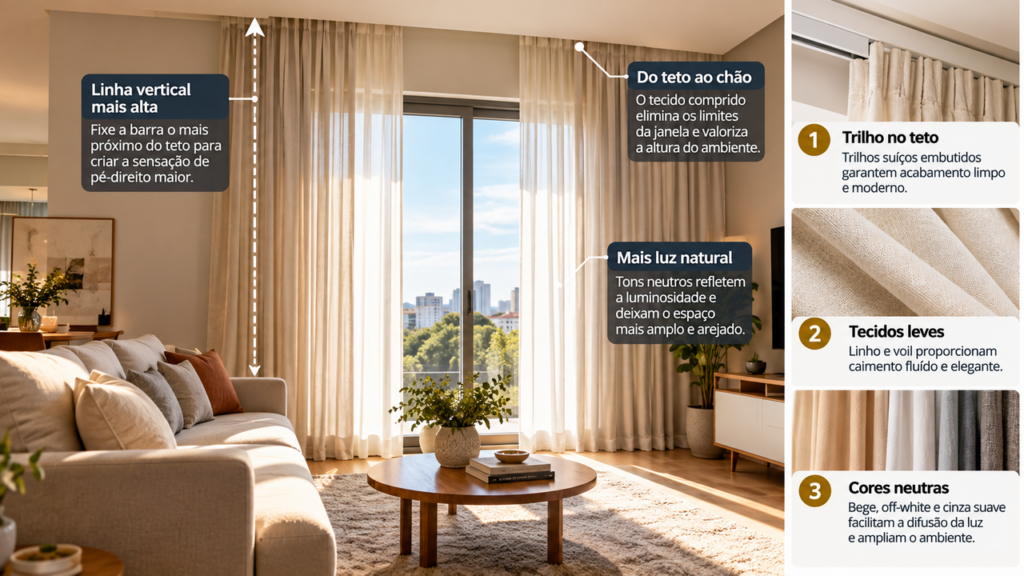 Cortinas do teto ao chão em tom neutro: o truque visual que pode alongar as janelas, ampliar o ambiente e deixar o cômodo mais elegante