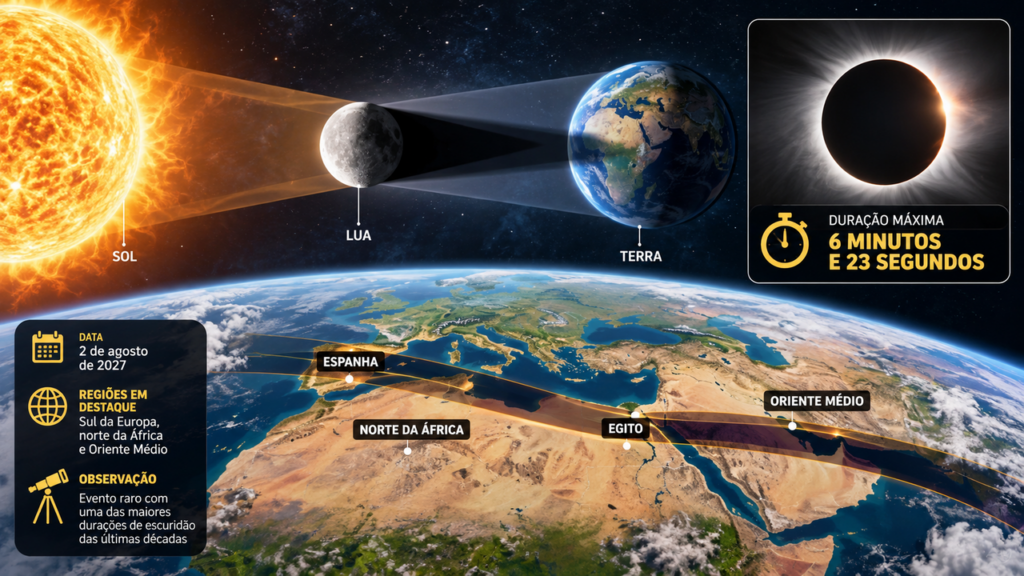 O eclipse mais impressionante da década está chegando: o céu vai escurecer em pleno dia, terá até 6 minutos e 23 segundos de totalidade e promete um espetáculo raro