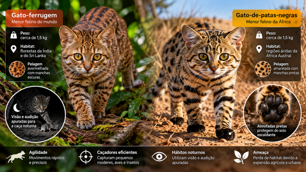 Parecem gatos domésticos em miniatura, mas são predadores selvagens: duas espécies de felinos minúsculos impressionam pela precisão e pelas estratégias de caça