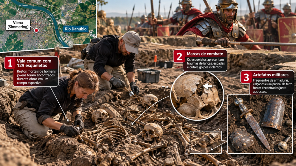 129 esqueletos foram encontrados enterrados juntos e os ferimentos nos ossos revelam uma batalha romana violenta que ficou esquecida por séculos
