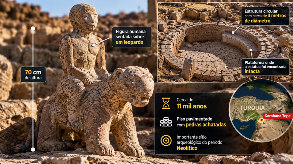 Arqueólogos encontram uma escultura pré-histórica de 11 mil anos com humano sobre leopardo e descobrem detalhes preservados por milênios