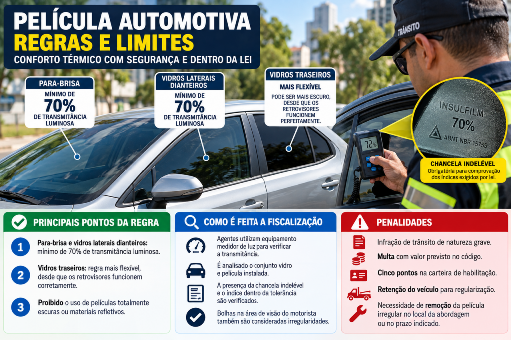 Motorista coloca proteção solar nos vidros para enfrentar o calor e, na fiscalização, descobre que cada janela precisa seguir uma regra diferente