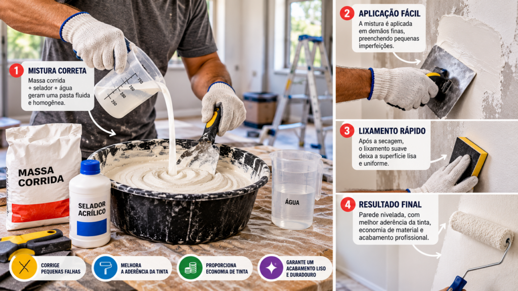 Pintores ensinam mistura com 3 kg de massa corrida, 500 ml de selador e 300 ml de água para preparar a parede antes da pintura