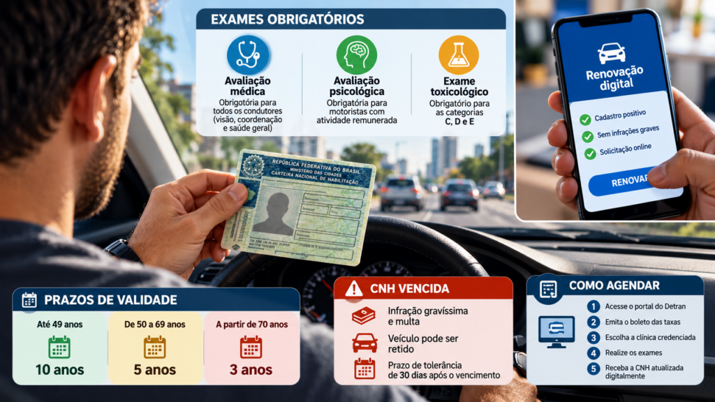 CNH vencida pode virar problema para o motorista: veja o prazo de tolerância, os exames da renovação e as regras para manter o documento válido