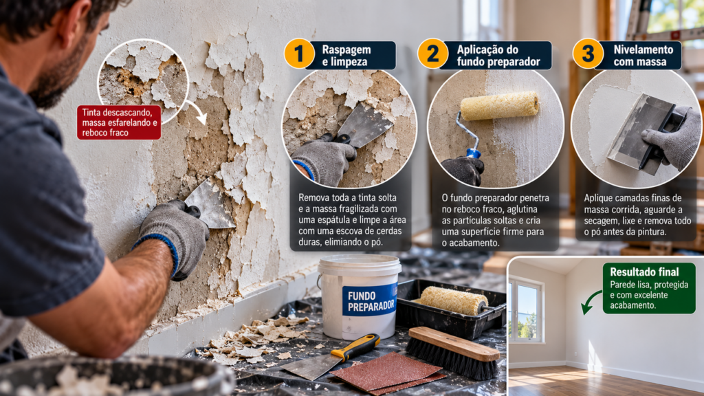 Especialistas em construção concordam: “Para recuperar uma parede descascando, não basta aplicar outra camada de tinta; primeiro é preciso remover o material solto, corrigir a superfície e preparar corretamente a base”