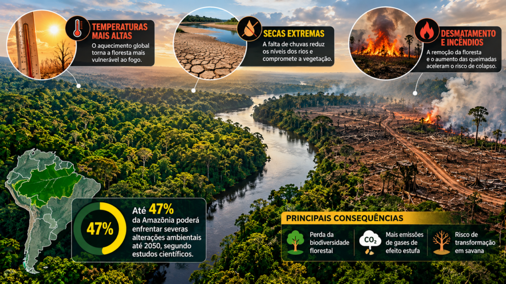 Quase metade da Amazônia pode enfrentar mudanças profundas até 2050, e cientistas alertam para o efeito combinado de seca, calor e desmatamento