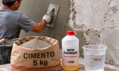 Pedreiros ensinam mistura com 5 kg de cimento, 1 litro de aditivo plastificante e 500 ml de água para preparar paredes com pequenas imperfeições