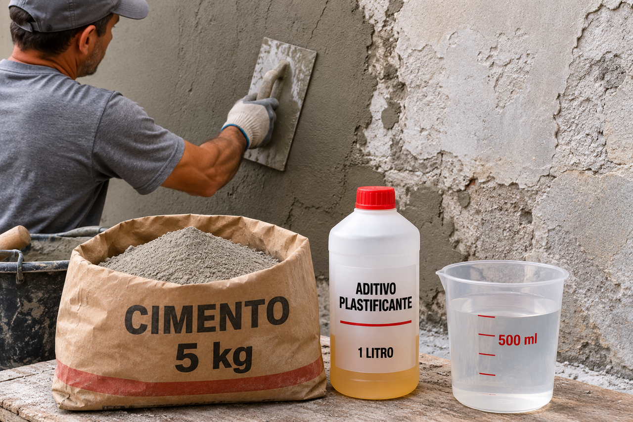 Pedreiros ensinam mistura com 5 kg de cimento, 1 litro de aditivo plastificante e 500 ml de água para preparar paredes com pequenas imperfeições