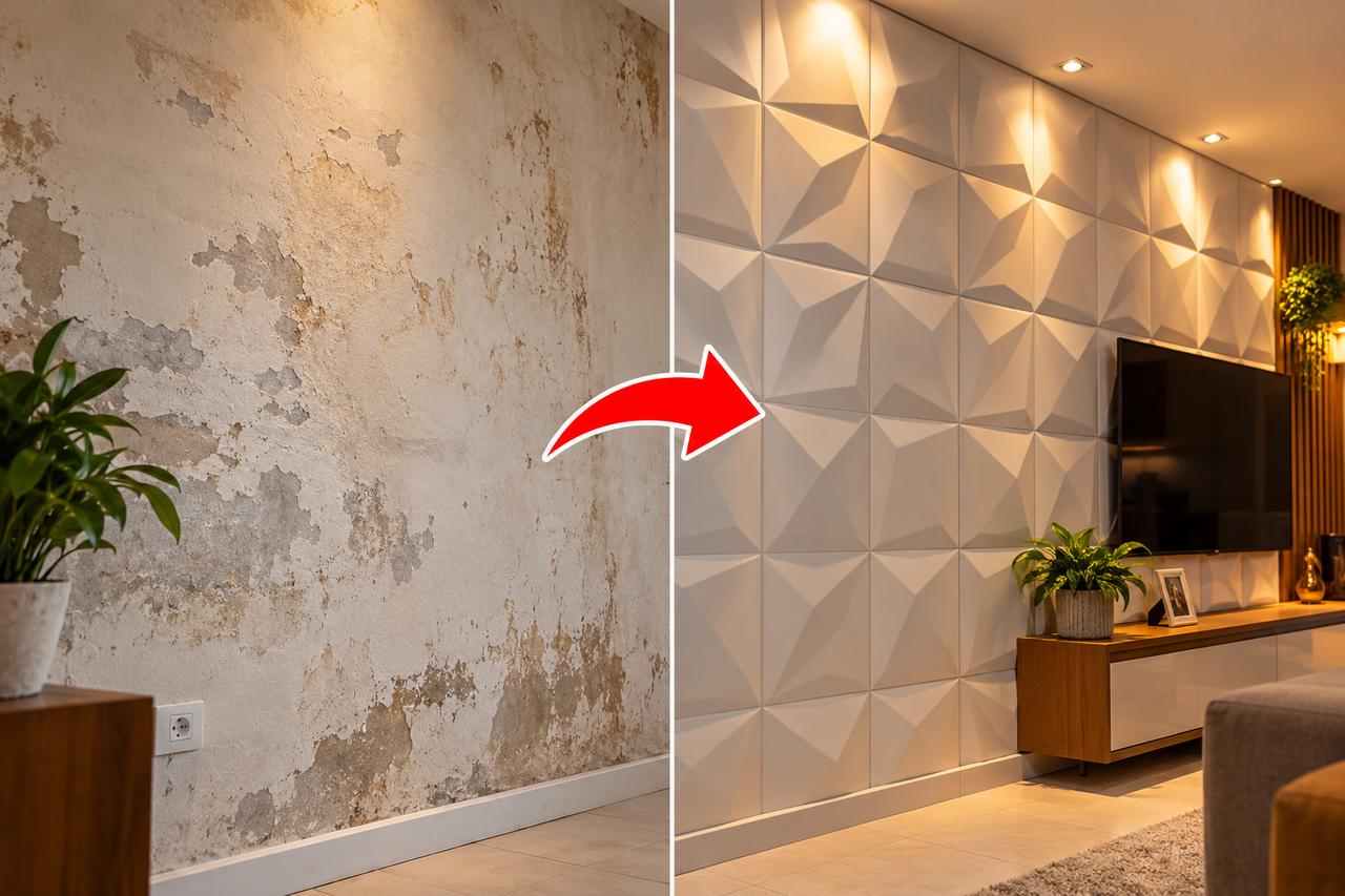 Adeus à remoção da parede desgastada: o painel 3D que pode ser instalado sobre uma base adequada e renovar o ambiente sem quebradeira nem reforma interminável