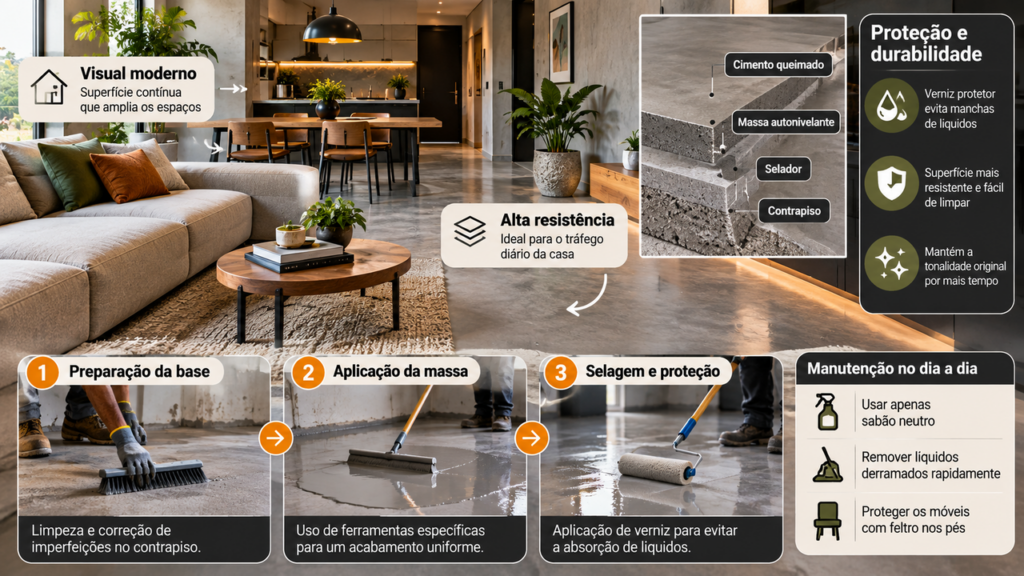 Antes de instalar piso de cimento queimado conheça este material ele pode durar anos facilitar a manutenção e mudar a sensação dentro de casa