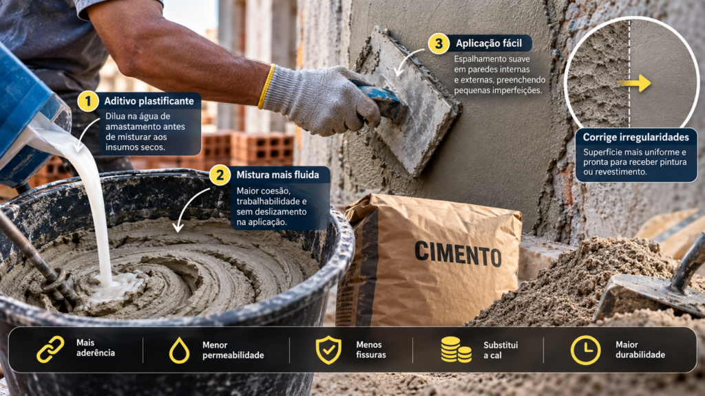 Pedreiros ensinam mistura com 5 kg de cimento, 1 litro de aditivo plastificante e 500 ml de água para preparar paredes com pequenas imperfeições