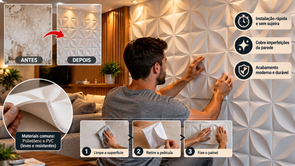 Adeus à remoção da parede desgastada: o painel 3D que pode ser instalado sobre uma base adequada e renovar o ambiente sem quebradeira nem reforma interminável