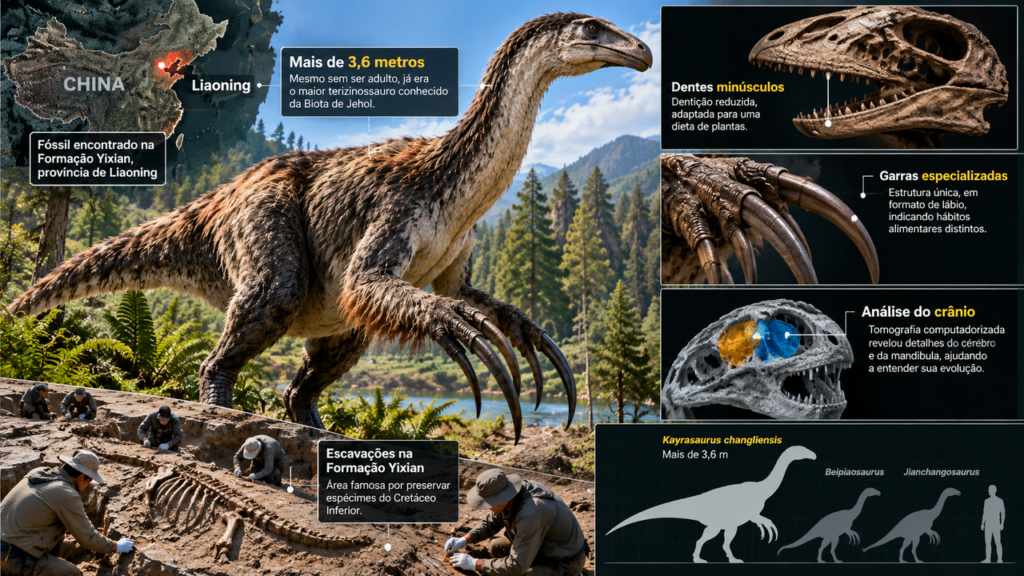 Novo fóssil revela um dos maiores dinossauros do grupo, com mais de 3,6 metros, garras enormes e uma anatomia que surpreendeu os cientistas