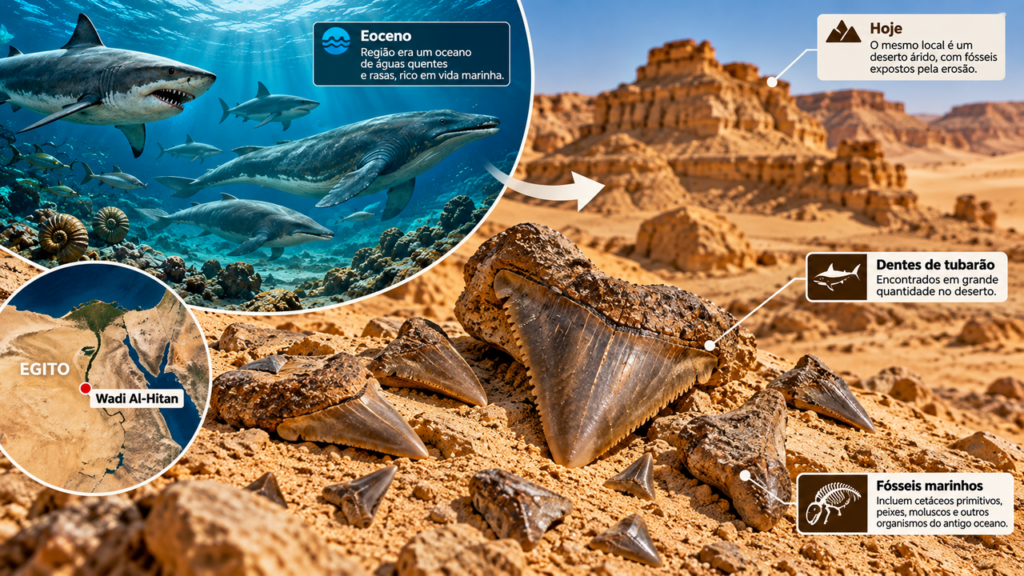 14 dentes de tubarão encontrados no deserto revelam um passado surpreendente: há 75 milhões de anos, a região era coberta por um mar tropical