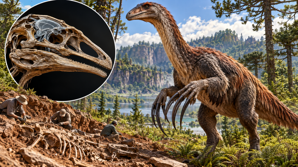 Novo fóssil revela um dos maiores dinossauros do grupo, com mais de 3,6 metros, garras enormes e uma anatomia que surpreendeu os cientistas