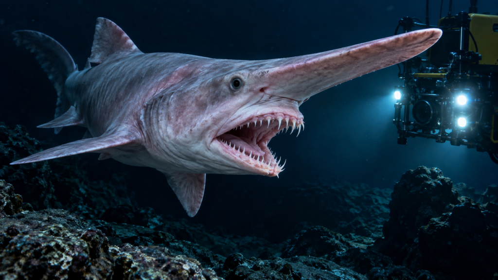 O tubarão mais raro do oceano aparece vivo a quase 2.000 metros de profundidade e revela pela primeira vez seu comportamento nas águas escuras