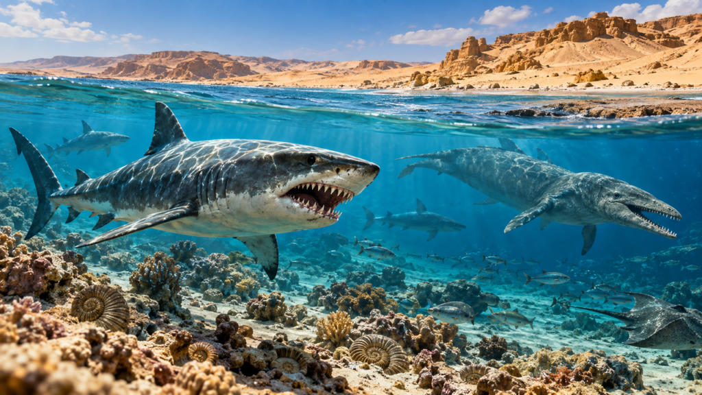 14 dentes de tubarão encontrados no deserto revelam um passado surpreendente: há 75 milhões de anos, a região era coberta por um mar tropical