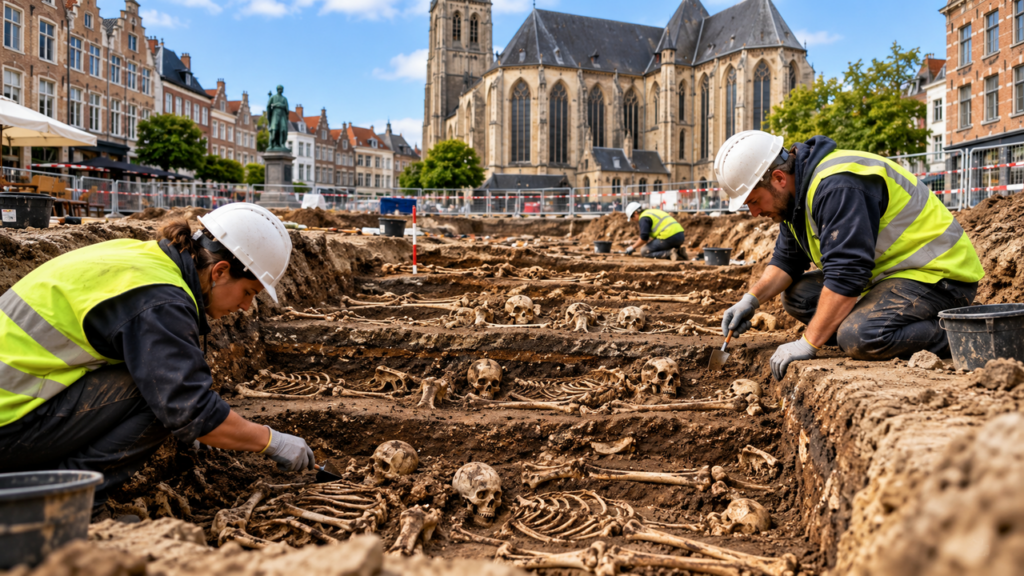 Arqueólogos escavam uma praça movimentada e encontram cerca de 240 esqueletos escondidos em cinco camadas de um antigo cemitério