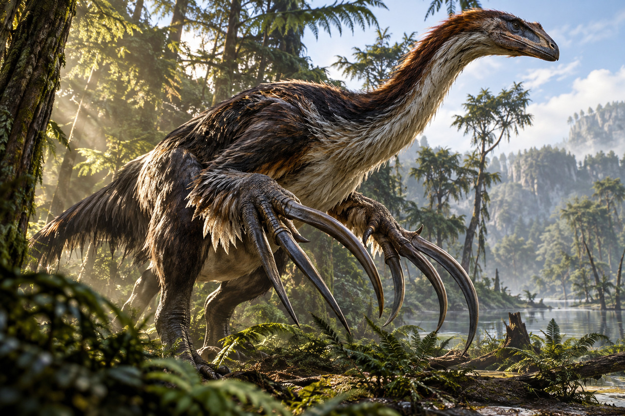 Novo fóssil revela um dos maiores dinossauros do grupo, com mais de 3,6 metros, garras enormes e uma anatomia que surpreendeu os cientistas