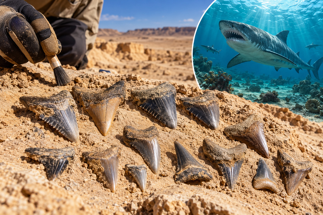 14 dentes de tubarão encontrados no deserto revelam um passado surpreendente: há 75 milhões de anos, a região era coberta por um mar tropical