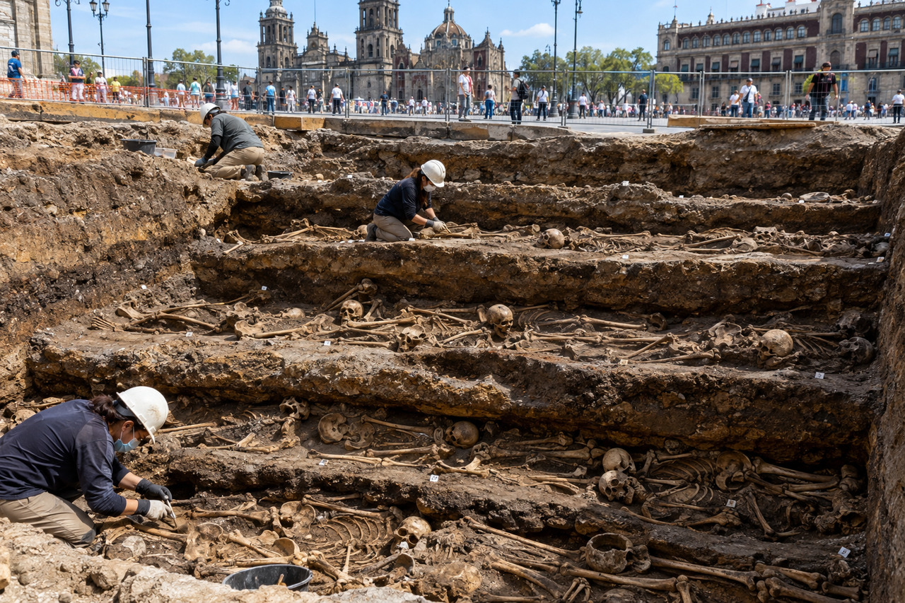 Arqueólogos escavam uma praça movimentada e encontram cerca de 240 esqueletos escondidos em cinco camadas de um antigo cemitério