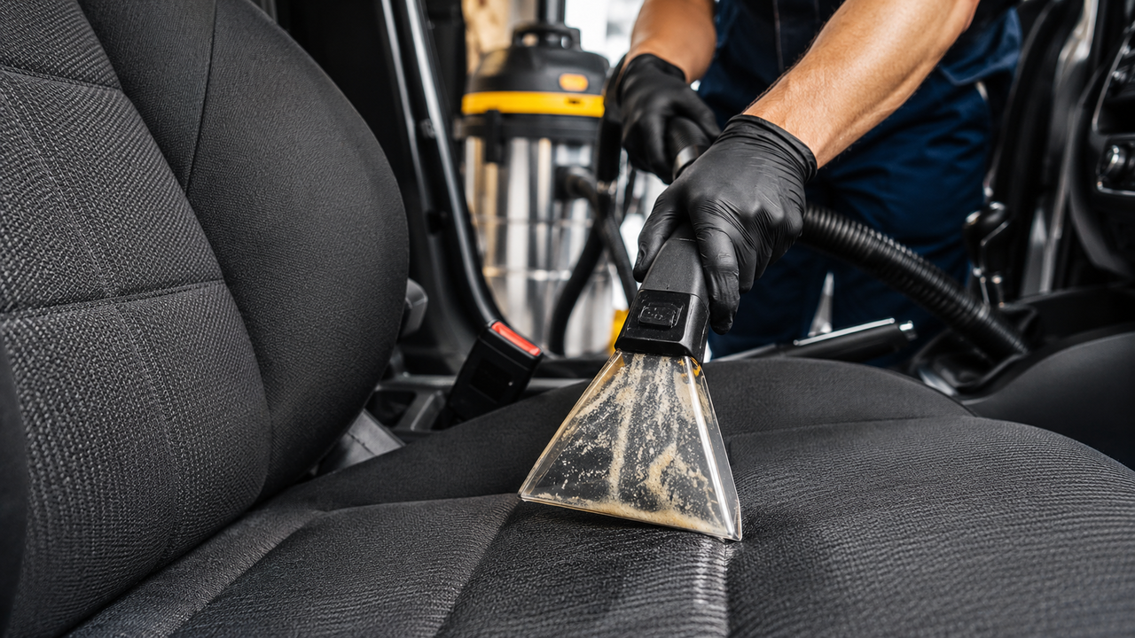 Especialista em estética automotiva ensina como recuperar os bancos de tecido do carro usando técnica de extração para remover manchas sem encharcar o estofado