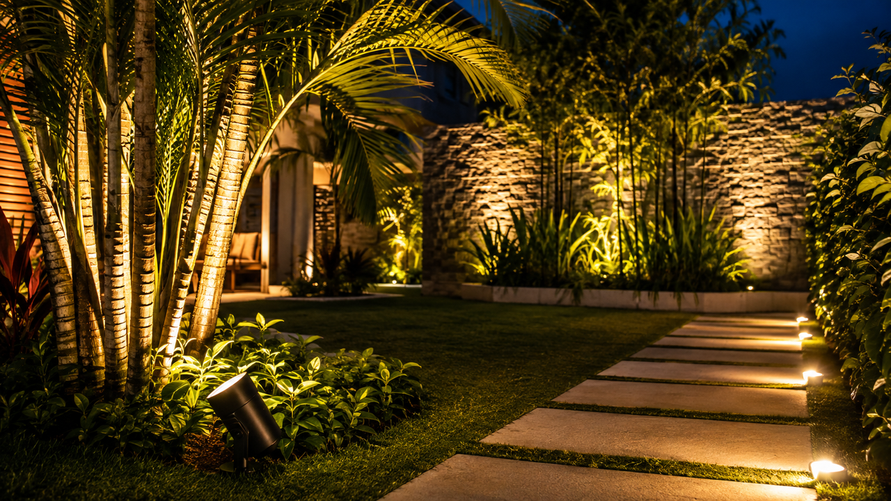 Técnico em iluminação externa ensina como iluminar o jardim com spots direcionáveis e posicionar os focos para destacar plantas sem desperdiçar luz