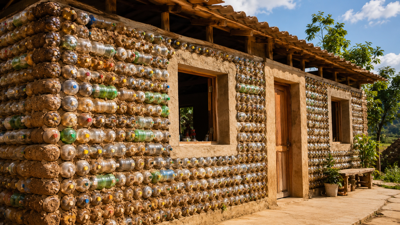 Casas feitas com garrafas PET e terra compactada ganham espaço na construção: técnica dispensa cimento nas paredes, reduz materiais convencionais e pode acelerar a obra com baixo custo e reaproveitamento de resíduos