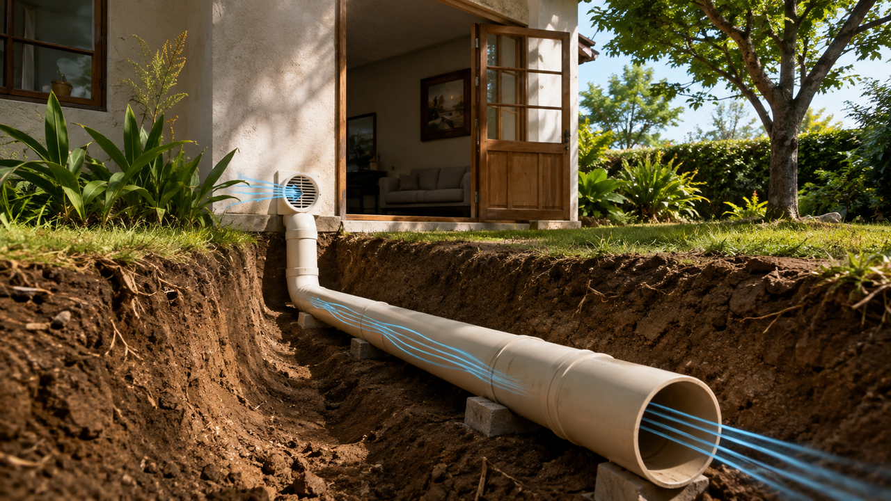 Tubo de PVC enterrado no quintal usa a temperatura do solo para refrescar a casa sem ar-condicionado: sistema a 90 cm de profundidade pode reduzir o ar em até 10°C ao longo de 12 metros