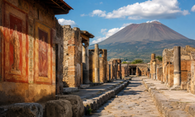 A cidade de Pompeia desenvolvida ao longo de séculos antes de ser soterrada em 79 d.C. e que ainda conserva ruas, casas, templos, mercados, pinturas e construções da sociedade romana
